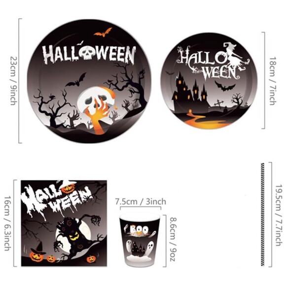 113PCS Halloween Party Supplies Disposable Paper Plates, Cups, Napkins, & Straws - Picture 2 of 6